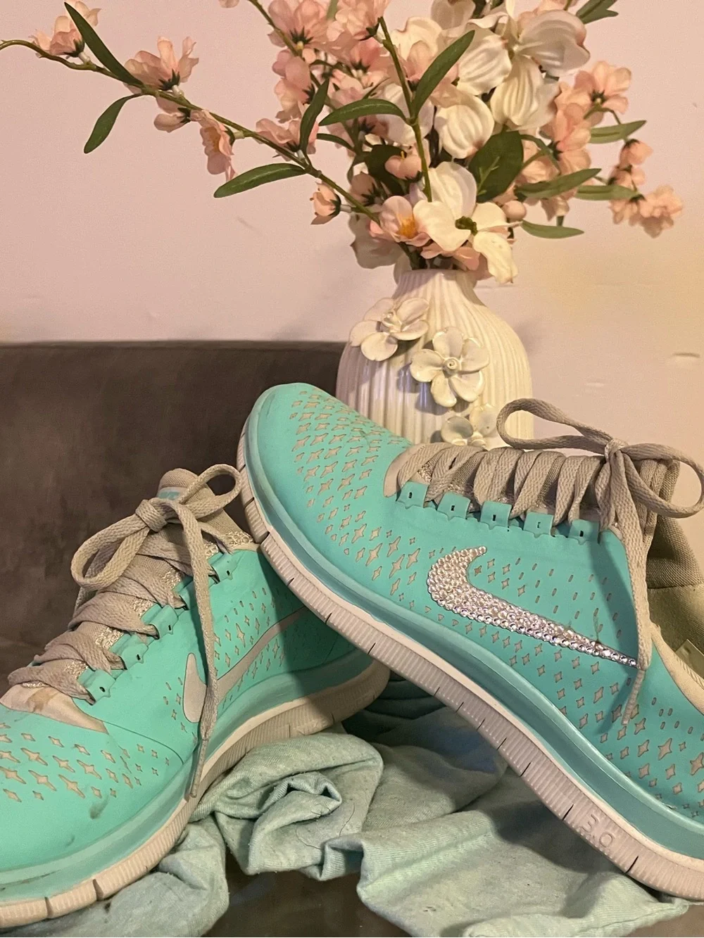 Nike Women’s Tiffany Blue Athletic Sneakers with Gray Laces and Rhinestone Swoos